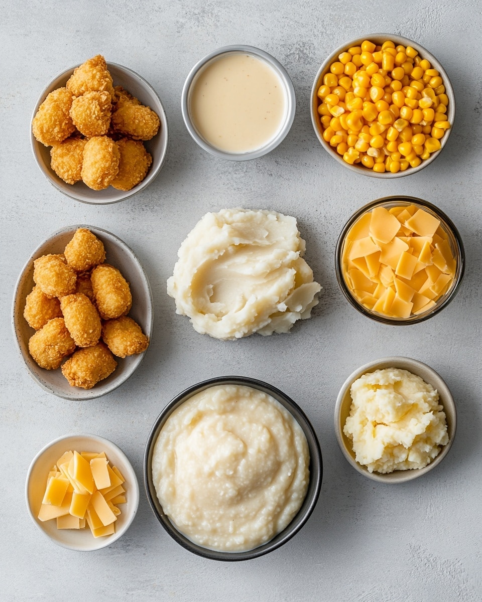 A white bowl holds three main layers arranged side by side: golden brown fried popcorn chicken pieces with a crispy texture on the left, bright yellow corn kernels topped with some shredded cheese and green herb bits on the right, and creamy mashed potatoes in the front center covered with golden brown gravy and sprinkled with green herbs. The bowl sits on a white marbled surface, with a transparent bowl of shredded orange cheese and a white bowl of brown gravy in the background. photo taken with an iphone --ar 4:5 --v 7