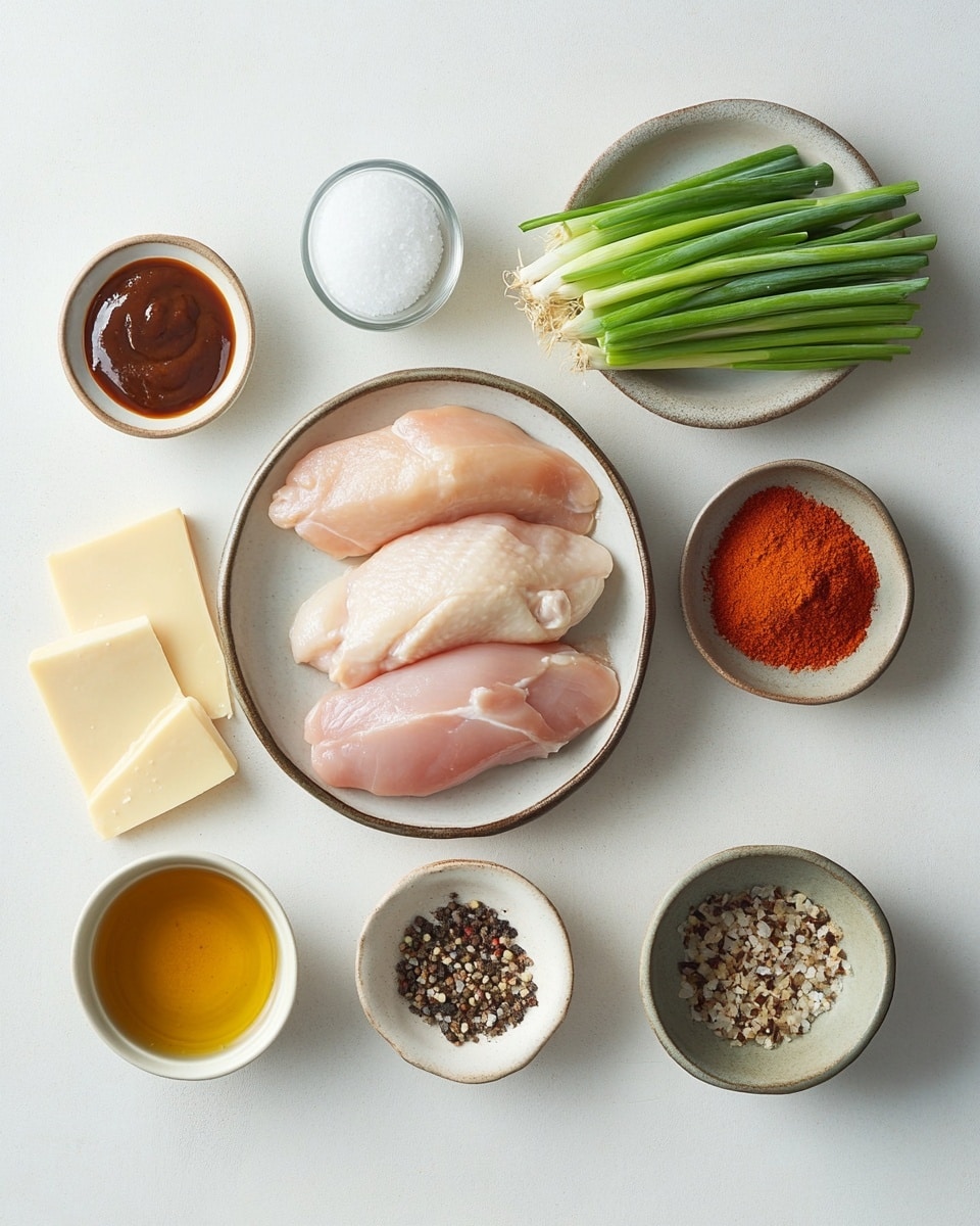 Two cooked chicken pieces are placed side by side on a white round plate sitting on a white marbled surface. Each chicken piece has a layer of melted yellow cheese with a slightly browned and shiny texture on top. On top of the cheese layer, there are small pieces of bright red diced tomatoes evenly spread. Scattered over the tomatoes and cheese, there are small bits of finely chopped green herbs, adding a fresh color contrast. A light brown sauce surrounds the chicken pieces on the plate, adding a moist look. In the blurred background, there are hints of green leaves and another white plate with red food. photo taken with an iphone --ar 4:5 --v 7