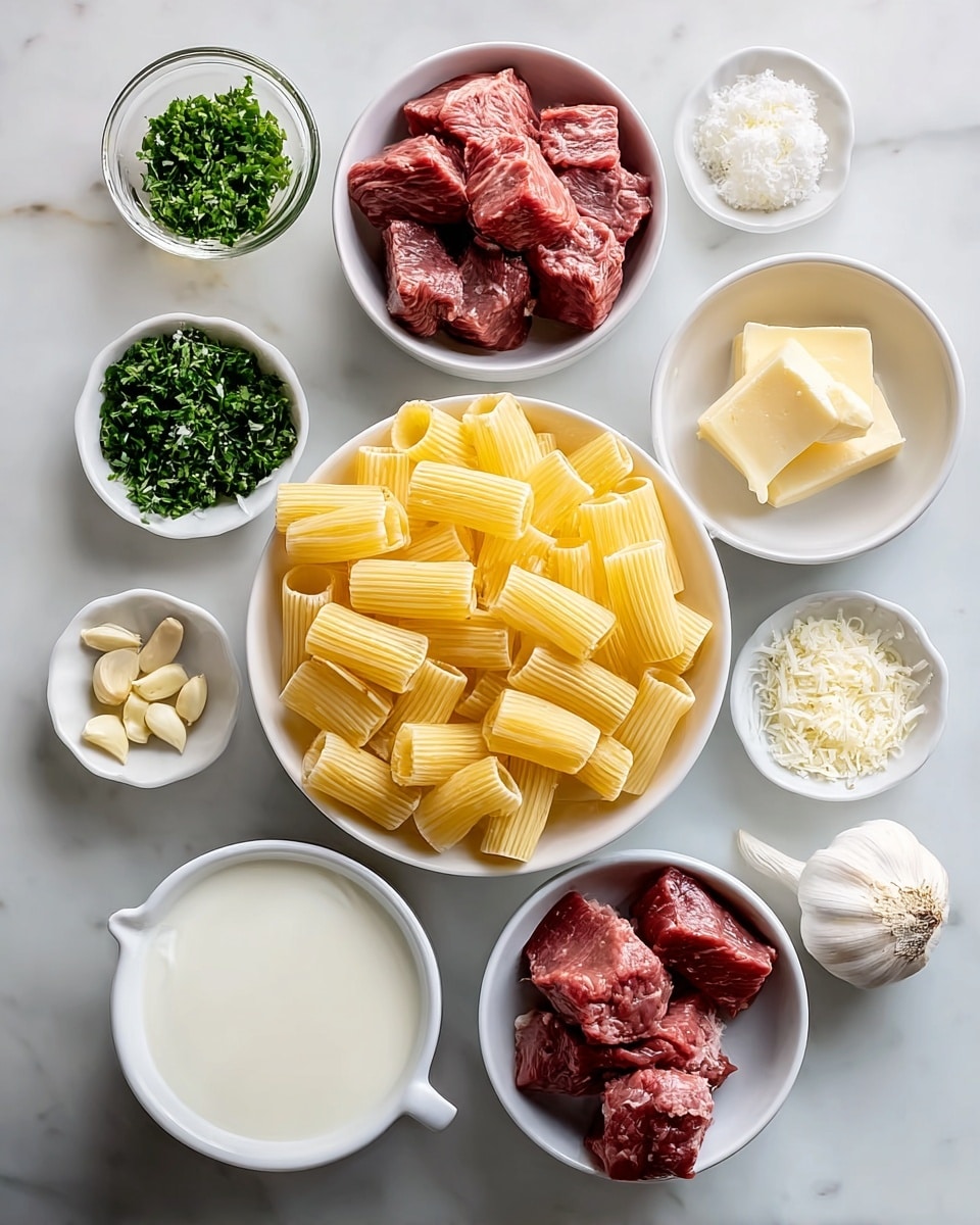 The image shows several small white bowls and a white plate arranged on a white marbled surface, each holding different ingredients. At the center, a white bowl is filled with short, ridged yellow pasta pieces. Surrounding it are bowls containing deep red raw meat cubes, creamy off-white milk, golden oil, pale yellow butter, finely chopped green herbs, whole garlic cloves, grated white cheese, and white salt crystals. The items are neatly placed in a circular layout, showing clear contrasts of colors and textures. Photo taken with an iphone --ar 4:5 --v 7