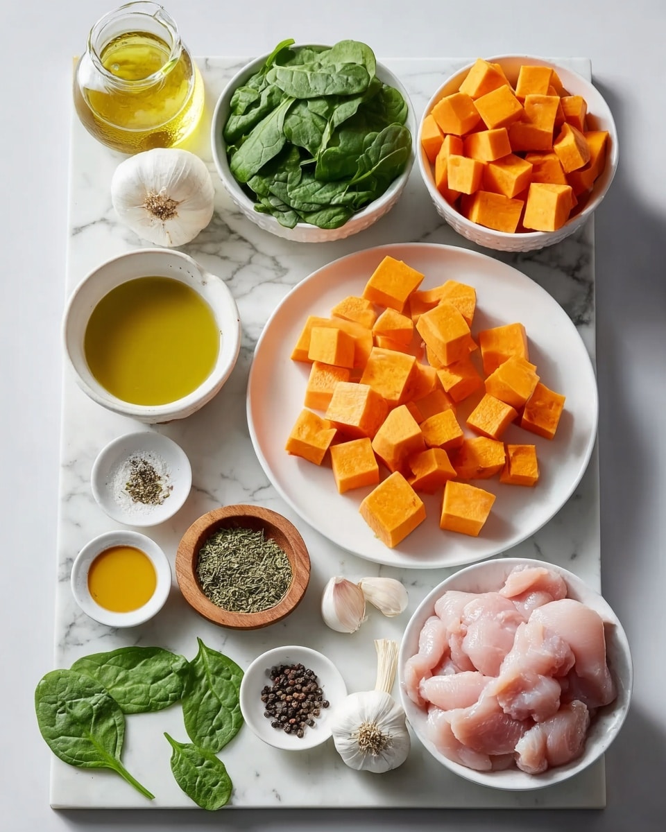 In a white bowl, there are three main parts: on the left, light golden grilled chicken pieces with dark grill marks, topped with a creamy white sauce sprinkled with green herbs; in the middle and right, bright orange roasted sweet potato cubes with some charred edges and small green herb pieces scattered on top; at the back, dark green kale leaves with a slightly shiny texture. All ingredients are layered distinctly, filling the bowl almost to the top. The bowl sits on a white marbled surface. Photo taken with an iphone --ar 4:5 --v 7