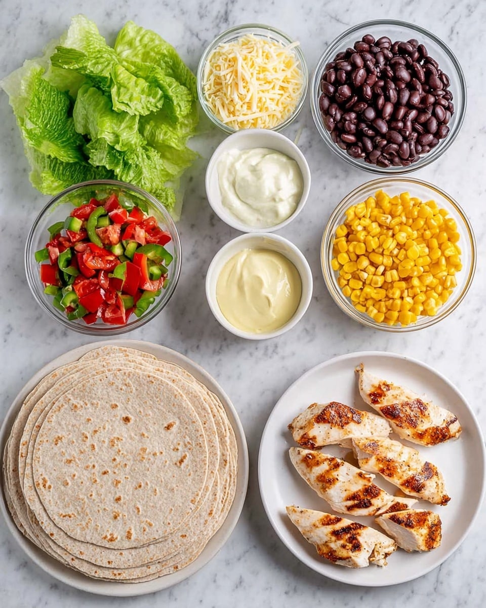 The image shows several ingredients neatly arranged on a white marbled surface for making a wrap or taco. There is a plate with three grilled, light brown, slightly charred pieces of chicken placed in the lower right corner. Above it, there are five stacked light brown whole wheat tortillas. To the left of the tortillas, there are small white bowls containing different items: shredded pale yellow cheese in one, a mix of red diced tomatoes, green peppers, and white onions in another, black beans in a glass bowl, yellow corn kernels in another glass bowl, and pale yellow mayonnaise in a small glass bowl. A few fresh green lettuce leaves are laid out at the top left. The clean and colorful arrangement gives a fresh and inviting look. Photo taken with an iphone --ar 4:5 --v 7