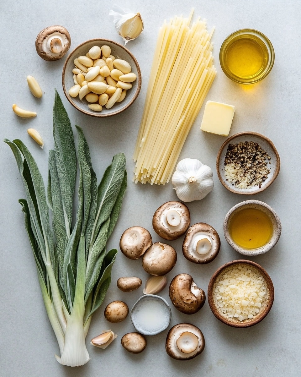 A close-up view of a white plate filled with three layers of fettuccine pasta coated in a creamy light brown sauce, mixed with dark brown cooked mushroom slices that have a slightly wrinkled texture. Pine nuts are scattered on top, adding small, smooth, oval shapes in a golden tan color. Grated Parmesan cheese is lightly sprinkled over the pasta and mushrooms, giving a dusting of pale white grains. The plate sits on a white marbled surface, with two ornate silver forks resting on the right side of the plate. Photo taken with an iphone --ar 4:5 --v 7