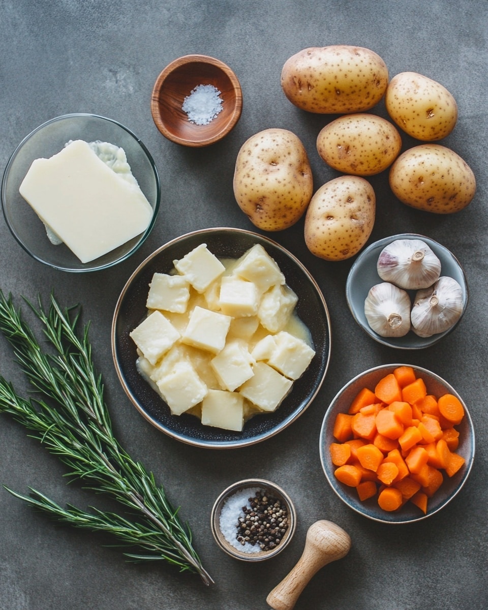 A white rectangular baking dish holds a baked lasagna with a browned, bubbly top layer of melted cheese that is golden and slightly crispy around the edges. The lasagna has around three visible layers beneath the cheese, showing creamy sauces and pasta sheets peeking through the cut section. The dish sits on a light brown cloth and a wooden cutting board with green herb sprigs next to it. A metal spatula with a rustic sign reading