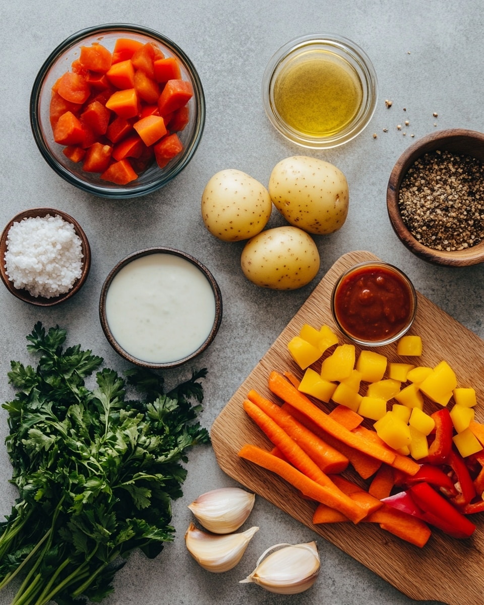 A white bowl filled with a thick stew showing several layers of ingredients. The base layer is a rich, reddish-brown broth with a slightly oily shine. Floating within are bright orange carrot slices, round and soft, along with light yellow potato chunks, small green peas, and beige chickpeas. Ground meat pieces dot the surface, adding a crumbly, brown texture. Small grains of cooked orzo pasta are scattered throughout the stew, creating variety in shape and texture. The bowl sits on a blue cloth over a white marbled surface. photo taken with an iphone --ar 4:5 --v 7