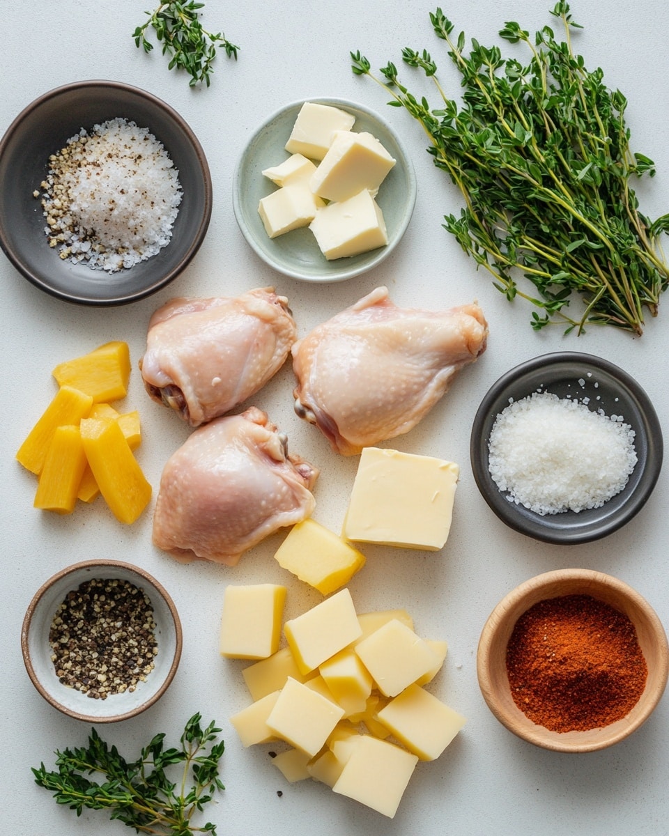 A white baking dish filled with a cooked meal showing 2 main layers: the bottom layer consists of large yellow-orange cubes of cooked squash mixed with translucent cooked onion pieces, all covered in a light sauce; the top layer has browned pieces of light-colored cooked chicken with a crispy, slightly charred texture, sprinkled with small green herb bits for garnish. The edges of the dish have some browned spots, and it sits on a white marbled surface. photo taken with an iphone --ar 4:5 --v 7