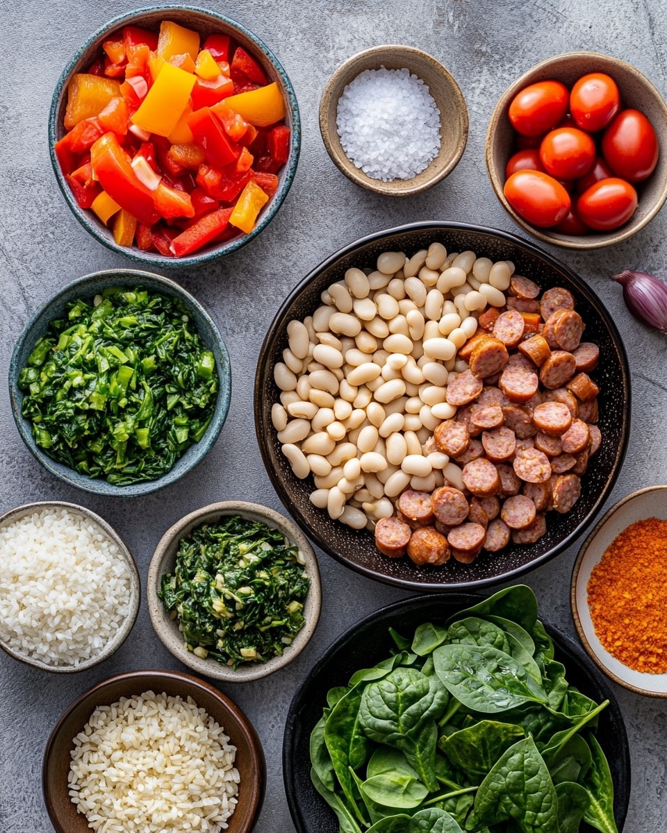 The image shows a large black pan filled with cooked rice mixed with white beans, bright green spinach leaves, small red pieces of chopped tomatoes, and light brown cooked ground meat or plant-based crumbles. The mixture looks moist and hearty with different textures from the soft beans, leafy spinach, and tender rice grains. A wooden spoon is placed inside the pan, slightly stirring the colorful rice dish. The pan rests on a white marbled surface. photo taken with an iphone --ar 4:5 --v 7
