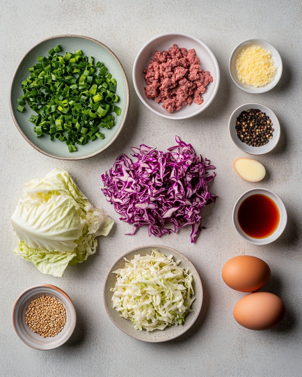 A shallow white speckled bowl filled with a three-layer mixture: the base layer consists of light brown cooked ground meat, mixed throughout with finely shredded orange carrots and pale yellow cabbage. This is topped with scattered small green chopped spring onions, adding pops of bright green color, and sprinkled with small white sesame seeds. The bowl sits on a white marbled surface with some green onion pieces scattered nearby, and there is a glass of water and small lemon wedge blurred in the background. photo taken with an iphone --ar 4:5 --v 7
