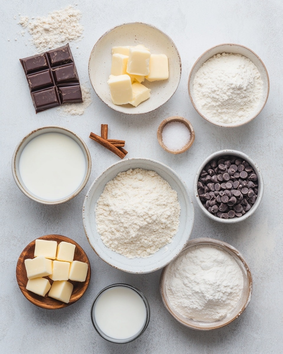 A basket lined with light beige cloth holds six round chocolate chip buns with shiny golden-brown tops, each speckled with small dark chocolate chips; one bun in the middle is torn open, showing a soft white inside dotted with more chocolate chips. The basket rests on a wooden board, which is on a white marbled surface with scattered flour and a small bowl filled with chocolate chips nearby. photo taken with an iphone --ar 4:5 --v 7