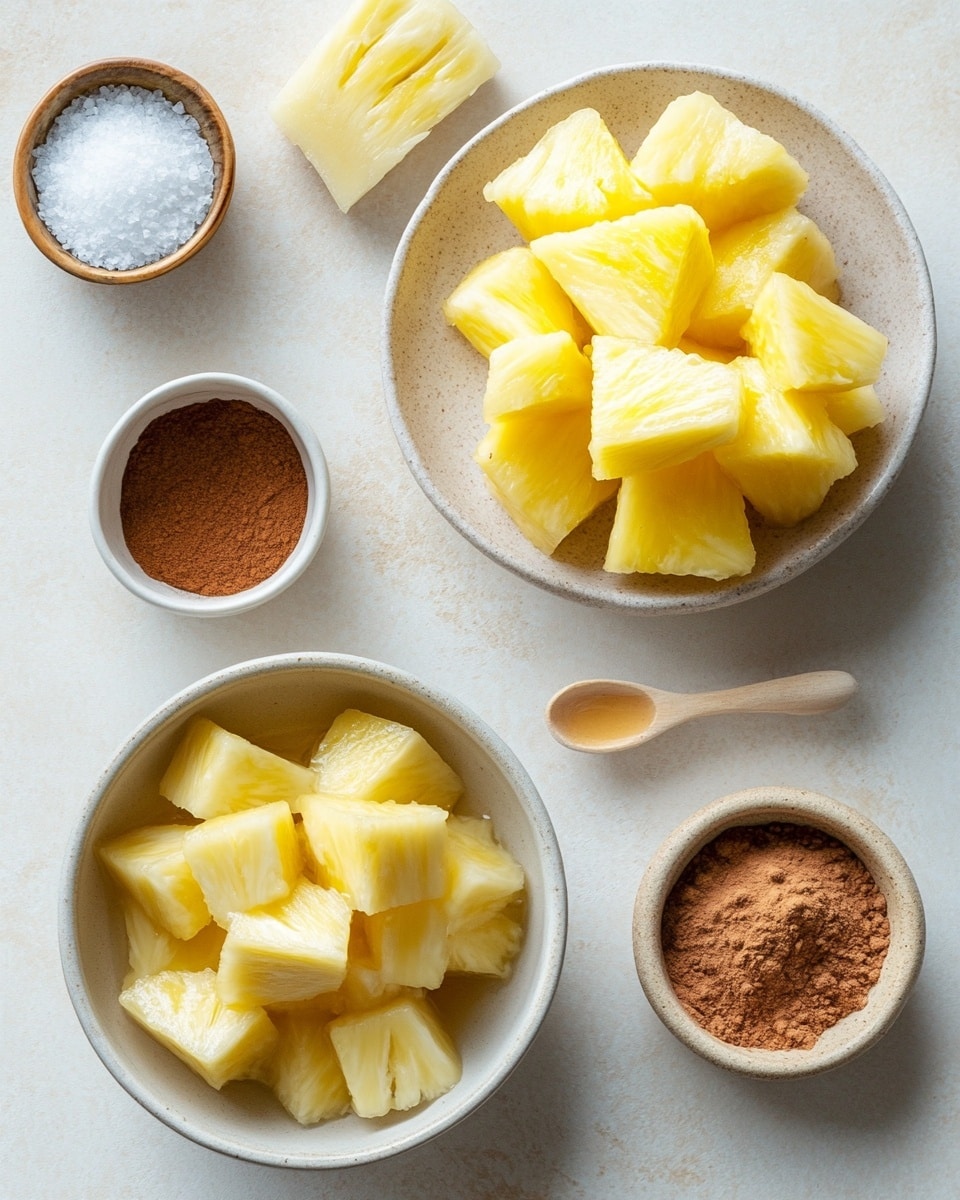 A white rectangular plate holds six grilled pineapple rings arranged in a neat row, each ring golden yellow with caramelized, slightly charred edges and visible grill marks. The pineapples are thick, juicy, and have a slightly textured surface. A sprig of fresh green parsley sits next to the pineapple slices on the right side of the plate. The plate rests on a light blue cloth with fringed edges, set against a white marbled surface. In the background, a small bunch of cinnamon sticks is blurred, adding a touch of warm brown tones to the scene. Photo taken with an iphone --ar 4:5 --v 7