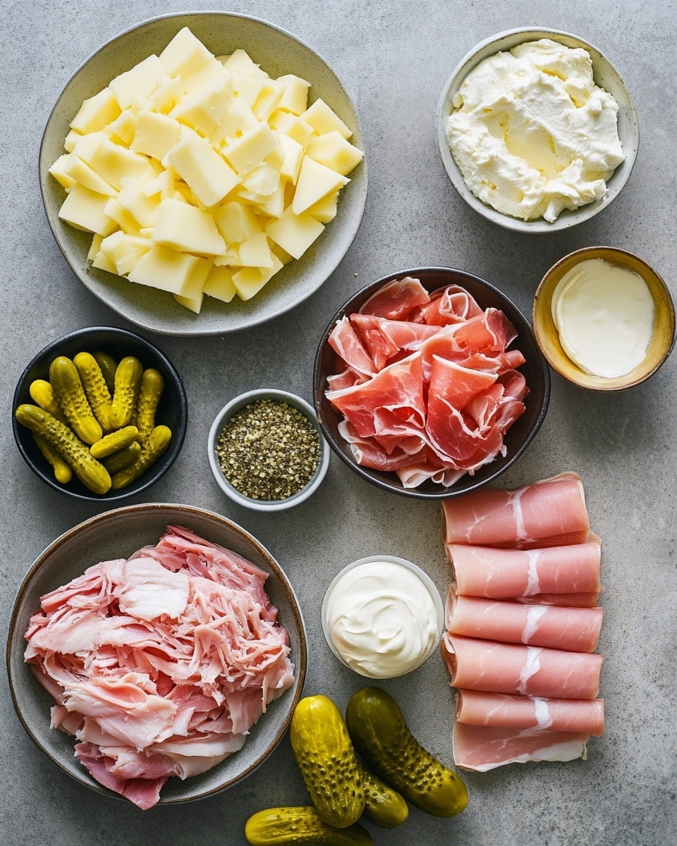 A round black cast iron skillet holds a layered dish with a browned base that looks crispy and textured. On top of this base, there is a melted cheese layer with a soft, glossy look in an off-white color. Pink strips of ham are spread evenly over the cheese, adding contrast and texture. Large green pickle slices are scattered on the top, showing ridged edges and seeds inside. The skillet is placed on a white marbled surface next to a pale wooden spoon and a folded light green textured cloth. Photo taken with an iphone --ar 4:5 --v 7