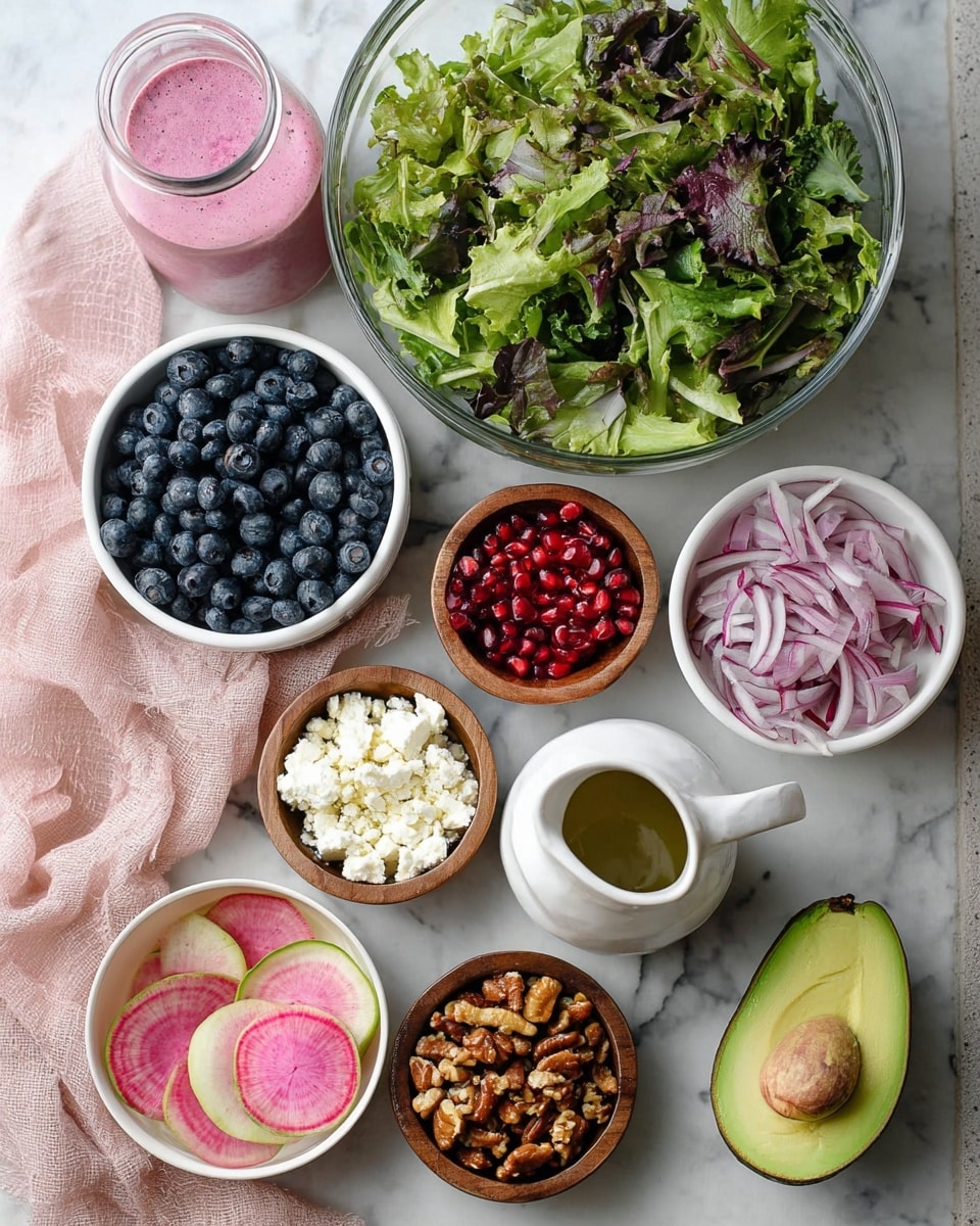 A white bowl filled with a colorful layered salad sits on a white marbled surface. The base layer is made of green lettuce leaves, topped with thin red onion rings scattered evenly. Over the onions, there are fan-shaped slices of green avocado, circular slices of pink watermelon radish with lighter centers, and small bunches of blueberries. Bright red pomegranate seeds are spread across the salad along with crunchy brown nuts. White crumbled cheese is sprinkled on top. Finally, the salad is drizzled with a pink dressing that adds a smooth, creamy texture over all the layers. Photo taken with an iphone --ar 4:5 --v 7
