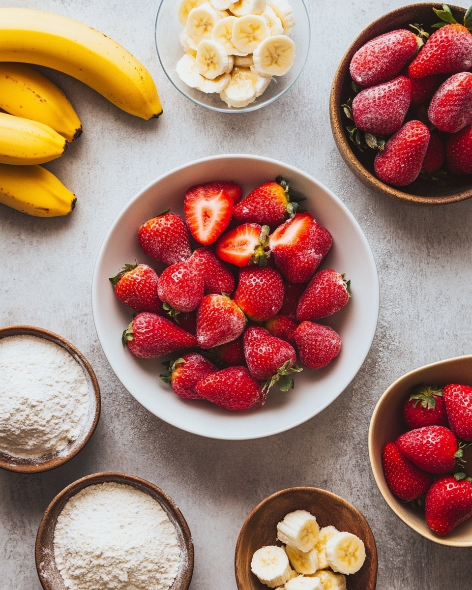 Two slices of banana strawberry bread are stacked slightly on top of each other on a white plate. The bread has a light brown crust with a soft yellow inside mixed with pink strawberry bits and darker small banana spots throughout. The plate is on a white marbled surface, surrounded by ripe bananas with brown spots, bright red strawberries with green leaves, a beige cloth, and a wooden cutting board holding the rest of the loaf and one slice. Photo taken with an iphone --ar 4:5 --v 7