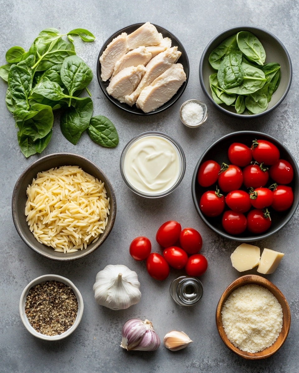 In a white baking dish, there is a colorful baked dish with three main visible layers. The bottom layer consists of small pieces of cooked chicken mixed with chopped spinach and diced red onion, scattered evenly. The middle layer has a mix of whole cherry tomatoes in red, yellow, and orange colors, spread all around the dish. The top layer showcases a large block of white soft cheese, slightly crumbled from two golden forks held by a woman's hands. Fresh green basil leaves are placed on the surface close to the cheese. The dish rests on a white marbled surface with small bowls of chopped green herbs and grated cheese nearby, along with a striped white and beige cloth. The photo taken with an iphone --ar 4:5 --v 7