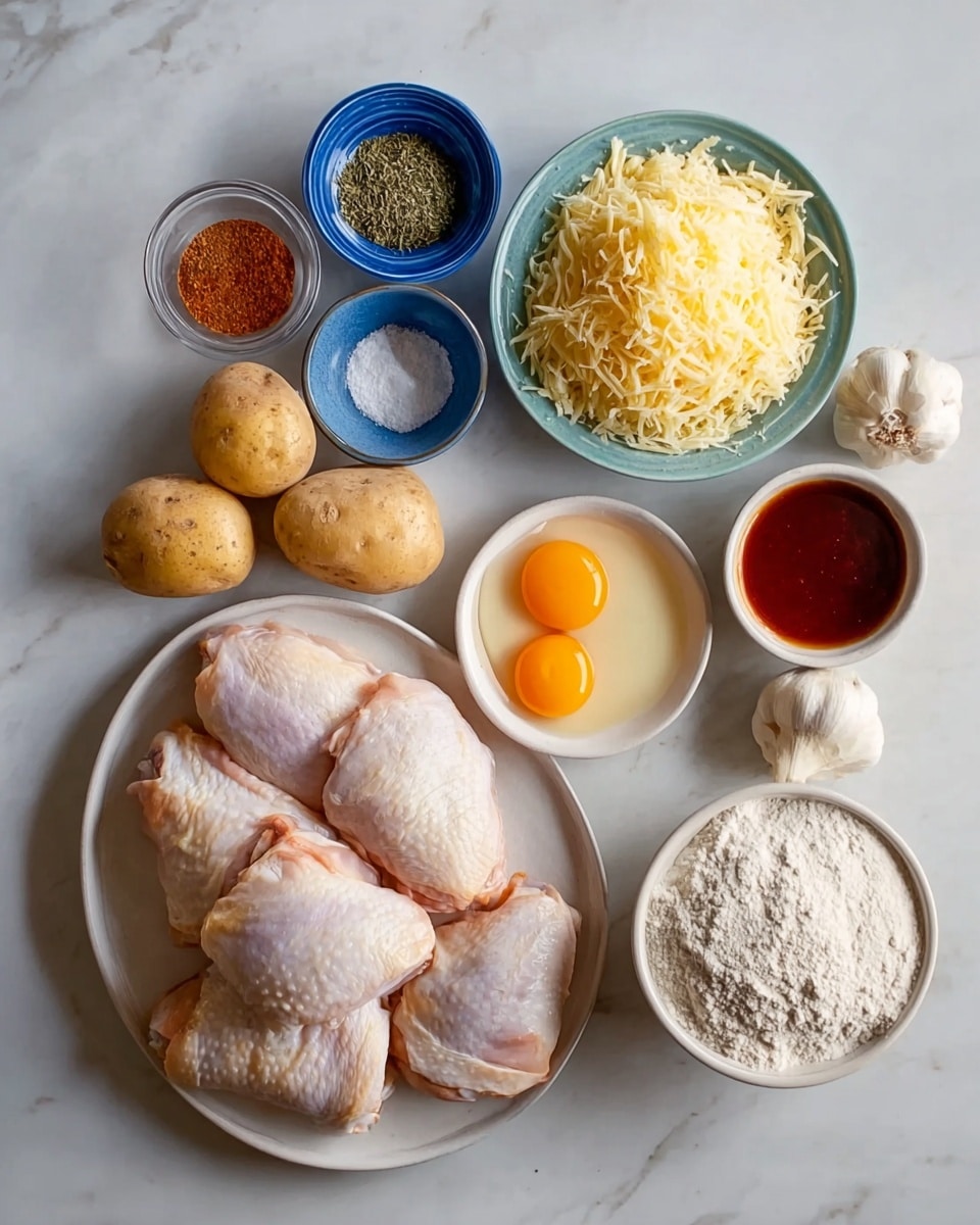 The image shows an overhead view of cooking ingredients neatly arranged on a white marbled surface. In the front center, four raw chicken thighs with skin sit on a white plate. To their right, a white bowl is filled with shredded cheese. Above the chicken, there are three small yellow potatoes placed on a small white plate. To the right of the potatoes, two cracked raw eggs rest in a white bowl. Behind the potatoes, a whole garlic bulb and a garlic clove sit on the white marbled surface. On the top left, a white bowl holds white flour, next to it is a blue bowl with a dark red sauce. To the right of the sauce, a small blue bowl contains mixed red and white seasonings, and below it, another small blue bowl with green herbs. The colors and textures of the ingredients contrast well with the clean white marbled background, creating a fresh and orderly look. photo taken with an iphone --ar 4:5 --v 7