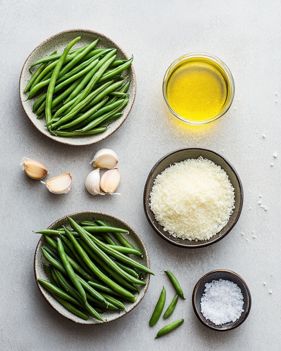 This image shows a close-up of a pan filled with many bright green cooked green beans. The beans are shiny and placed randomly but cover the whole pan surface. On top of the green beans, there is a light sprinkling of finely grated white cheese and tiny specks of black pepper. The background around the pan is a white marbled texture. photo taken with an iphone --ar 4:5 --v 7