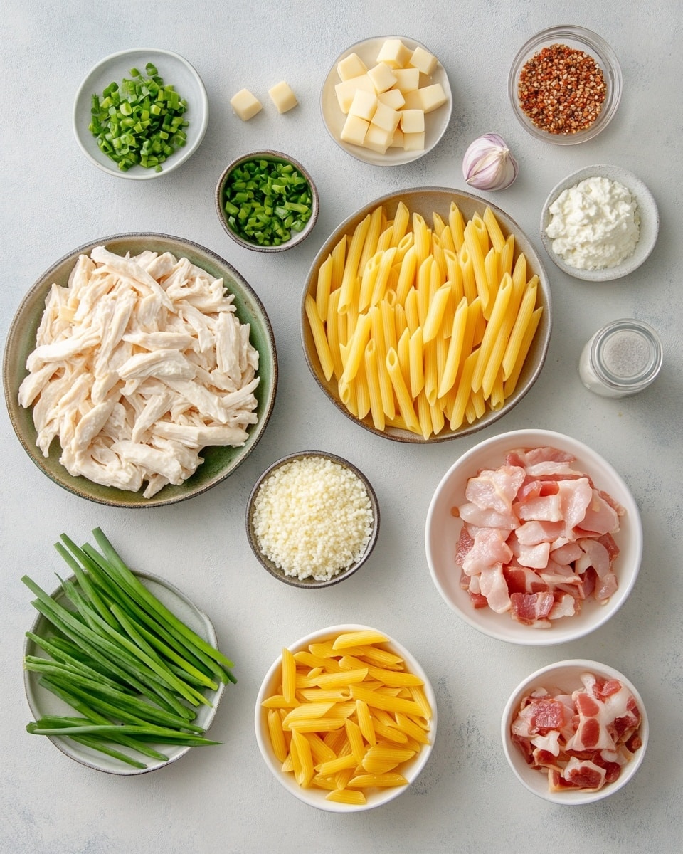 The dish shows a black pan filled with creamy light yellow penne pasta mixed with pieces of grilled chicken, which have golden brown edges. The chicken pieces are layered evenly on top of the pasta, adding texture with their slightly charred surface. Small green parsley leaves are sprinkled over the whole dish, adding a fresh pop of color. A wooden spoon is scooping some pasta and chicken from the pan. The background has fresh green herbs and a white marbled surface. photo taken with an iphone --ar 4:5 --v 7