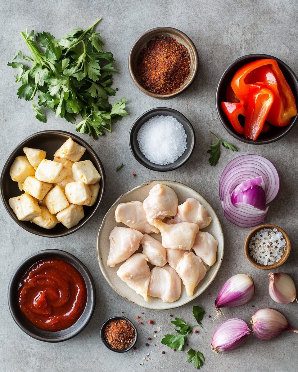 The image shows three slices of square pizza on a white marbled surface. Each slice has a thick, soft crust with a light golden bottom layer. On top, there is a dark red sauce spread unevenly, followed by a melted, slightly browned cheese layer that covers the crust. The next layer has grilled chicken chunks with a golden-brown color, scattered across the slices. There are thin slices of red bell pepper and thin rings of red onion on each piece, adding bright red and purple colors. Green herb leaves are sprinkled on top, giving a fresh touch of color. The pizza slices are arranged casually close to each other, showing the textured, fluffy bread and colorful toppings. photo taken with an iphone --ar 4:5 --v 7