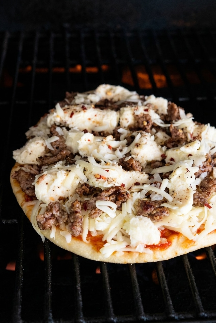 A small round pizza with one visible layer of light orange-red sauce spread thin on the base, covered by a layer of shredded white cheese. On top, there is a thick layer of browned, crumbled ground meat and chunks of soft white cheese sprinkled with small red chili flakes, giving a slightly spicy look. The pizza is placed on a dark grill with black bars showing below and around it. photo taken with an iphone --ar 4:5 --v 7
