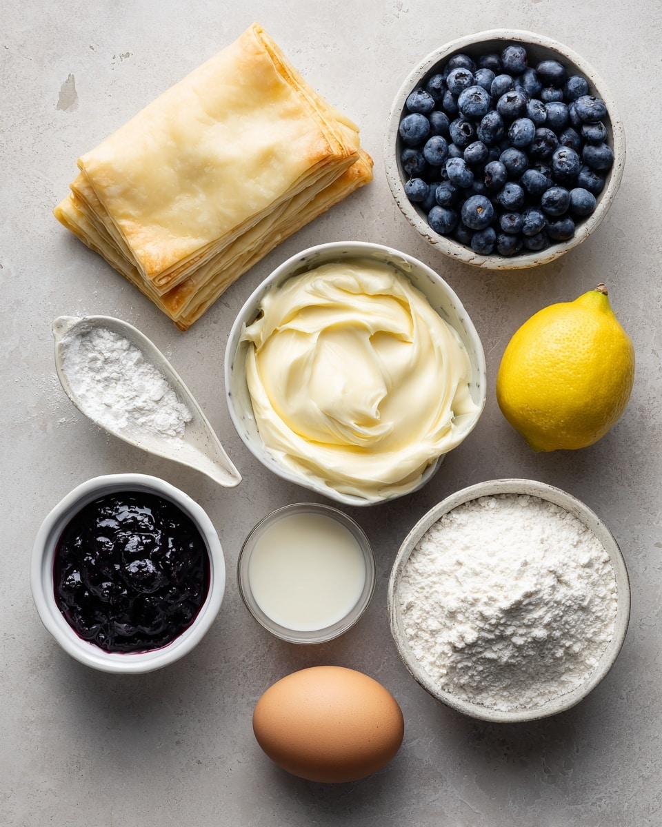 A close-up view of four small round pastries on a white plate that sits on a white marbled surface. Each pastry has three layers: a shiny golden-brown puff pastry ring on the top and bottom, with a middle layer of smooth cream and some red jam peeking through. On top of each pastry, there are five plump, deep blue blueberries closely packed in the center. Around the plate, a few loose blueberries are scattered, adding a fresh, colorful touch. The photo taken with an iphone --ar 4:5 --v 7