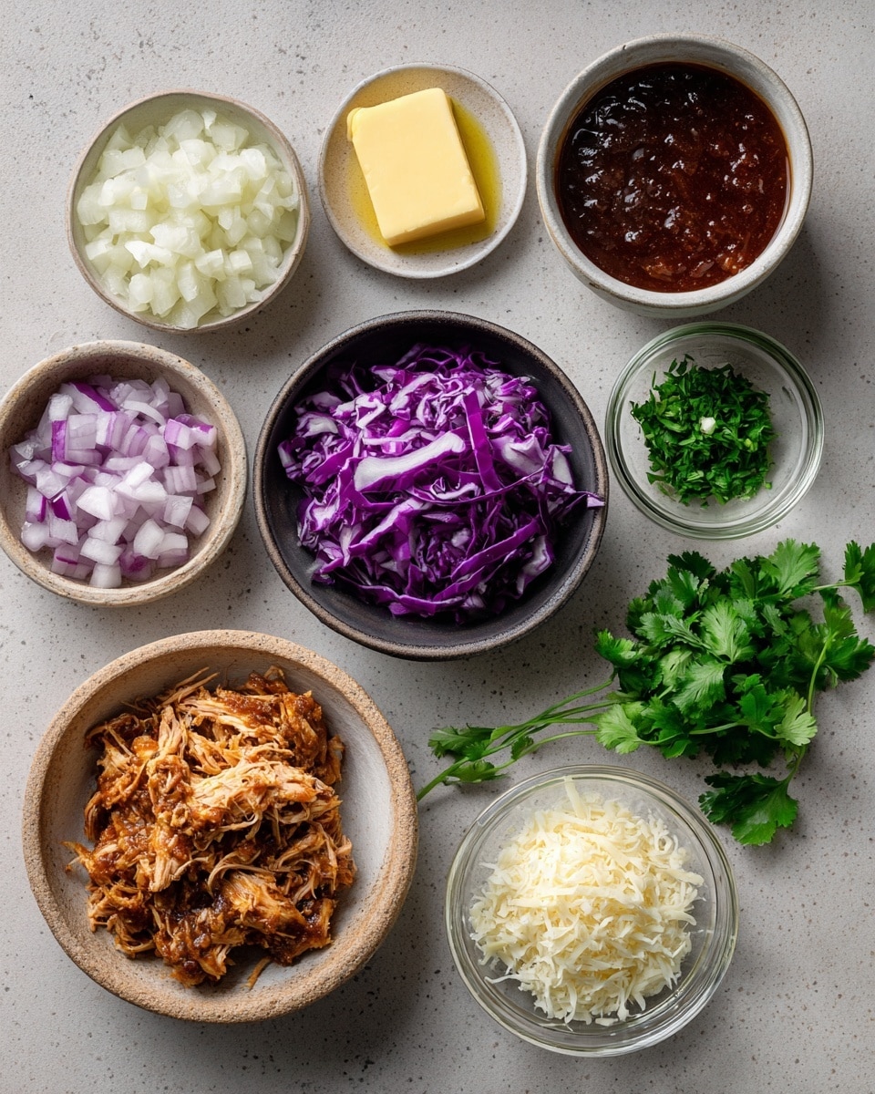 Three sliders sit on a white speckled plate with a white marbled background. Each slider has a top soft brown bun sprinkled with small white salt flakes and green herb pieces. Inside, there is a layer of shredded orange-brown meat, followed by bright purple cabbage pieces, and pickles with a green tint. The buns are shiny and slightly thick. Near the front right of the plate, a white spoon holds a small pool of glossy reddish-brown sauce that slightly spills onto the plate. Photo taken with an iphone --ar 4:5 --v 7