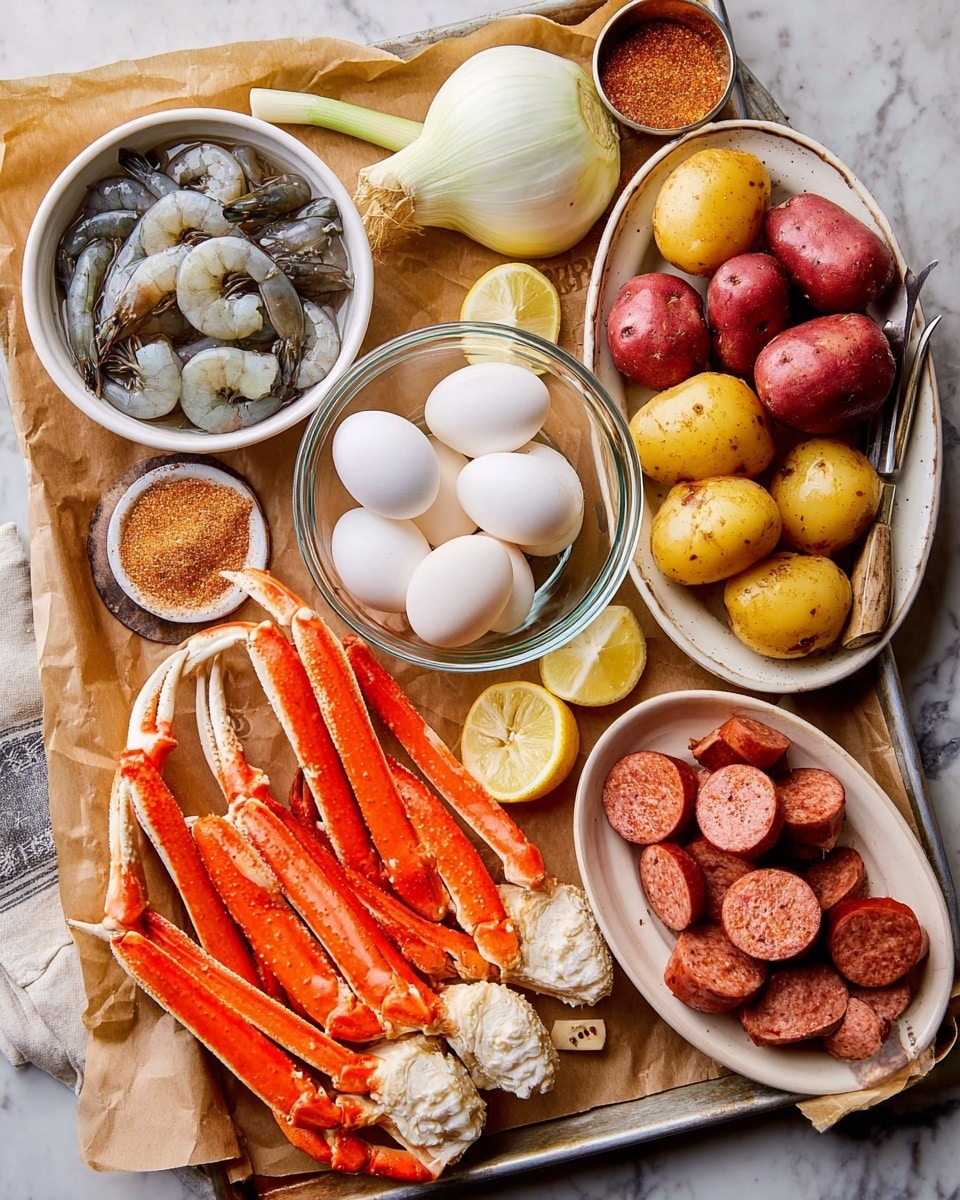 A white tray with different bowls and food items arranged neatly on a white marbled surface. On the top left, a white bowl holds raw gray shrimp with peeled tails. To the right, a white oval bowl contains small round red and yellow potatoes. Below the shrimp bowl, another clear bowl is filled with white boiled eggs. Between these bowls, wedge slices of lemon rest on the tray. At the bottom left, bright orange crab legs and claws are spread out with some lemon wedges nearby. In the center, a small white spoon-shaped dish contains a brown seasoning mix. On the bottom right side, a white bowl is full of sliced reddish sausage with white marbled bits. There are a few onion slices arranged on the edges of the tray. The scene looks fresh and ready for cooking or serving photo taken with an iphone --ar 4:5 --v 7
