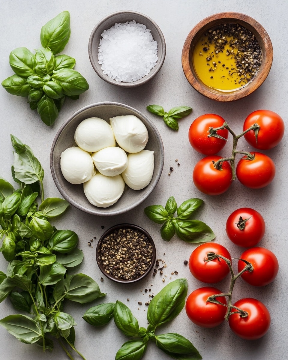 A black bowl filled with a fresh salad showing three main layers: a base of bright red and yellow cherry tomato halves with shiny, smooth skin; chunks of white mozzarella cheese with a soft, crumbly texture spread evenly on top; and scattered vivid green basil leaves with a slightly glossy, smooth surface, all sprinkled with black pepper for a speckled effect. The bowl is placed on a white marbled textured surface with pieces of bread blurred in the background. Photo taken with an iphone --ar 4:5 --v 7