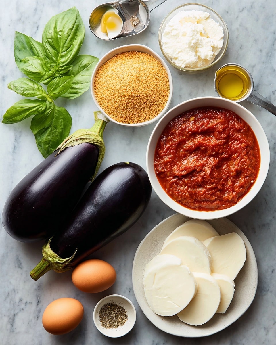 Two dark purple eggplants with green tops lie on a white marbled surface next to fresh green basil leaves. A white bowl filled with thick red tomato sauce is placed above the eggplants. To the right is a gray bowl with light brown breadcrumbs. Below the eggplants are two brown eggs. A white plate holds soft white mozzarella cheese slices and a wedge of hard yellow cheese. Small bowls with light brown dried herbs, white flour, and a small container of yellow olive oil are also arranged on the white marbled surface. photo taken with an iphone --ar 4:5 --v 7