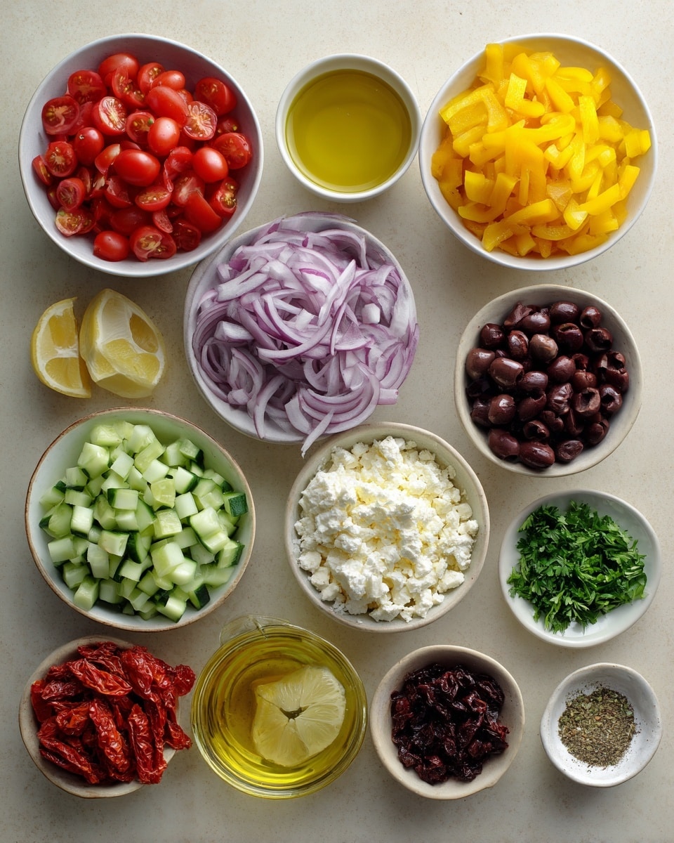 A wooden bowl filled with a colorful salad showing layers of chopped bright yellow bell peppers, red grape tomatoes, sliced black olives, thinly sliced red onions, and small cucumber pieces. White crumbles of cheese are sprinkled on top, mixed with chopped green herbs, giving a fresh look. A white-handled spoon rests inside the bowl. In the background, there is a white bowl with a yellow, oily dressing and a white bowl with white cheese chunks, all set on a white marbled surface. photo taken with an iphone --ar 4:5 --v 7