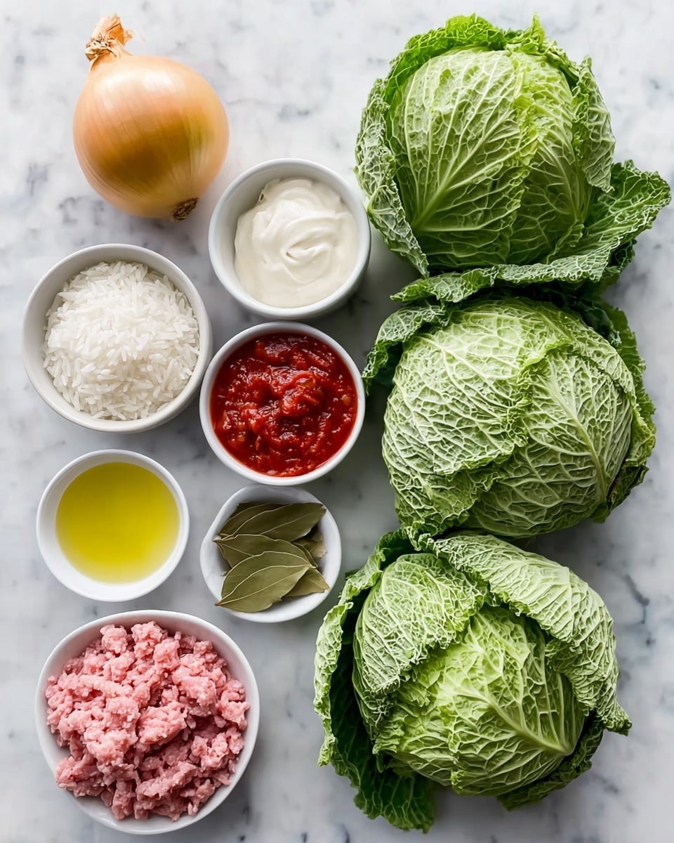 This image shows eight stuffed cabbage rolls placed closely together in a white bowl filled with a bright orange sauce. Each cabbage roll has a deep green, slightly charred outer layer with visible veins from the cabbage leaves and some textured brown spots from cooking. The rolls are garnished with small green herb leaves and delicate dill sprigs scattered on top. The sauce looks creamy and smooth with a few bubbles and oil spots visible on the surface. The scene is set on a white marbled surface. photo taken with an iphone --ar 4:5 --v 7