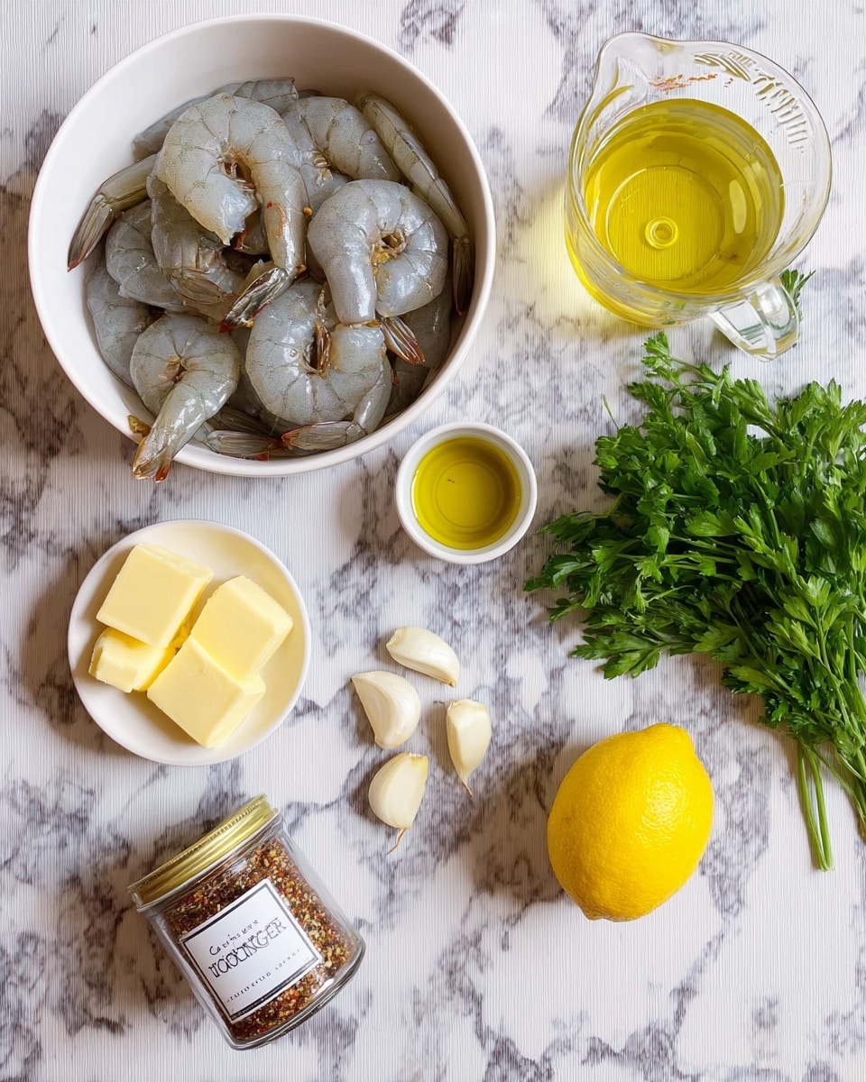 A white bowl filled with raw shrimp arranged loosely, showing their light gray color with darker tails, placed on a white marbled surface. Around the bowl, there is a bunch of fresh green parsley, a bright yellow lemon, a glass jar labeled