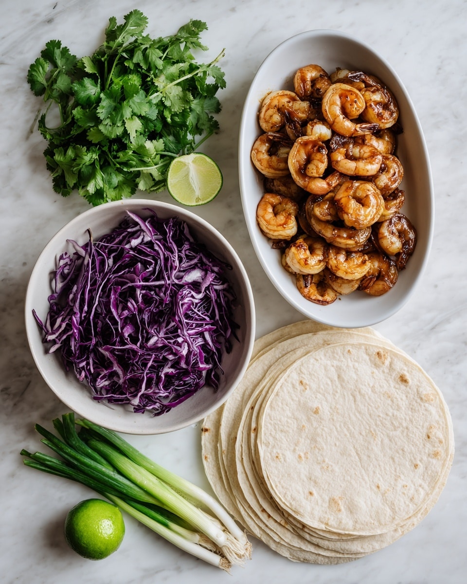 The image shows ingredients laid out neatly on a white marbled surface. On the left side, there is a bunch of fresh green cilantro with delicate leaves. Next to it, a white bowl is filled with shredded purple cabbage, creating a colorful contrast. In the center upper part, a white oval dish holds several pieces of cooked shrimp, browned and glossy with spices. To the right of the dish, there is a whole lime and a half lime showing green and pale green inside. Below the limes, a stack of soft, pale yellow corn tortillas is placed evenly. On the far right, three fresh green onions with white bulbs rest on the surface. All items are arranged clearly and cleanly. photo taken with an iphone --ar 4:5 --v 7