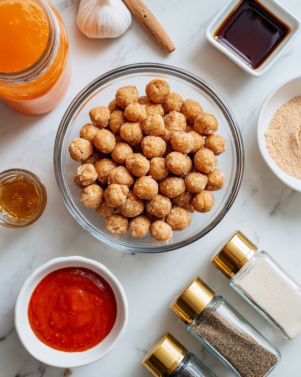 A clear glass bowl in the center filled with many round, light brown balls that have a rough texture and some darker spots. Around the bowl, there are small white dishes and jars with different contents: a white square dish with a dark liquid on the left, a clear glass jar with orange liquid and a wooden stick at the top left, a white round dish filled with thick red sauce at bottom left, a small white square dish with crumbly light beige powder at top right, and two glass jars with golden lids labeled 