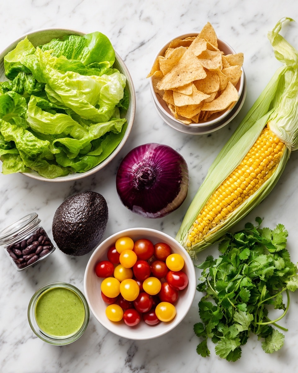 The image shows a white marbled surface with various fresh ingredients placed neatly. There is one white bowl filled with chopped green lettuce leaves, one white bowl with red and yellow small tomatoes, a whole dark green avocado, a red onion, an ear of corn with husk on, a small bunch of fresh cilantro, a can of black beans, a small white bowl with light brown toasted coconut flakes, and a clear container with a light green creamy dressing. All items are spaced out clearly and arranged in a simple and clean way. Photo taken with an iphone --ar 4:5 --v 7