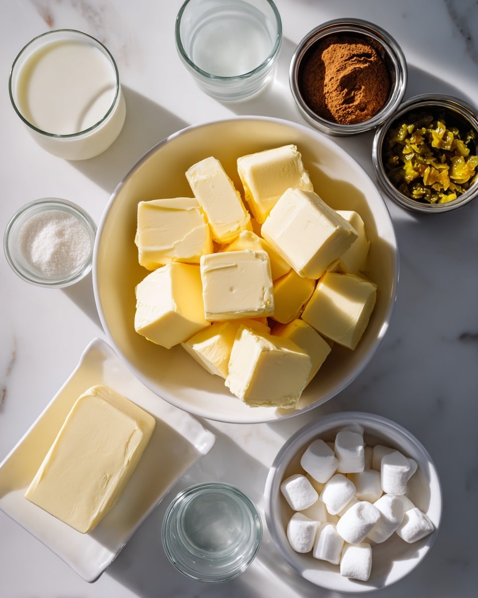 The image shows six containers with different cooking ingredients placed on a white marbled surface. In the center, there is a white bowl filled with pale yellow cubes. To the right, a smaller white bowl holds white cubes. Above the bowls, a round metallic container is filled with a yellowish chunky mix. To the left of the bowls, a glass contains a white liquid, next to a small jar with brown powder. At the bottom left corner, a small white square dish contains a single pale yellow square piece. The overall setup is clean and minimal. photo taken with an iphone --ar 4:5 --v 7