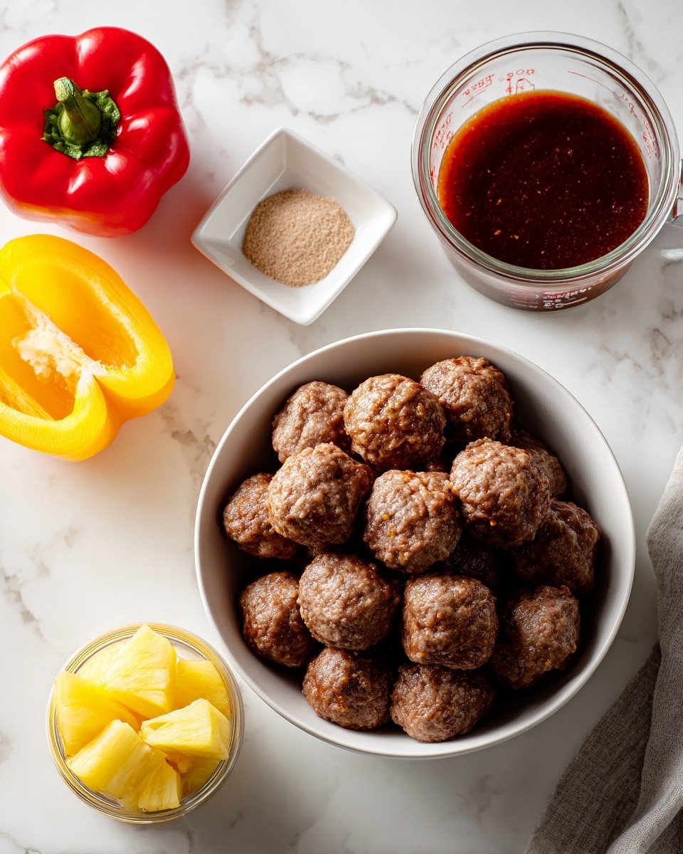 A white bowl filled with small, round, light brown textured meatballs sits in the center on a white marbled surface. To the left, there is a whole red bell pepper stacked on top of a yellow bell pepper, both smooth and shiny. Above the peppers, a small white square dish holds a small pile of light brown powder. To the right of the bowl, a clear glass jug with a handle contains dark reddish-brown, smooth sauce. Below the jug, an open can holding yellow pineapple chunks in clear juice rests on the surface. Photo taken with an iphone --ar 4:5 --v 7