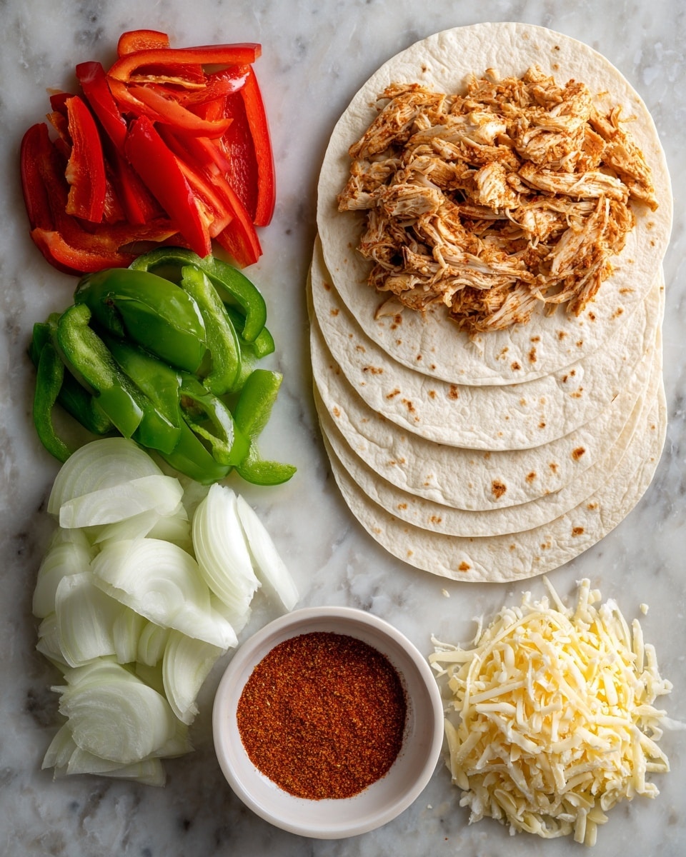 The image shows layers for making soft tacos on a white marbled surface, with three white tortillas stacked on the top right. One tortilla on the bottom right is spread with seasoned shredded chicken, light brown with a dusting of spices. To the left of the tortillas, there are piles of sliced red and green bell peppers, their bright colors shiny and fresh. Below the peppers, there are white onion slices arranged in a small mound. At the bottom center, there is a pile of yellow and white shredded cheese. Next to the cheese, a small white bowl is filled with reddish-brown taco seasoning powder. The arrangement is clean and colorful, showing fresh ingredients ready to be assembled into tacos, photo taken with an iphone --ar 4:5 --v 7