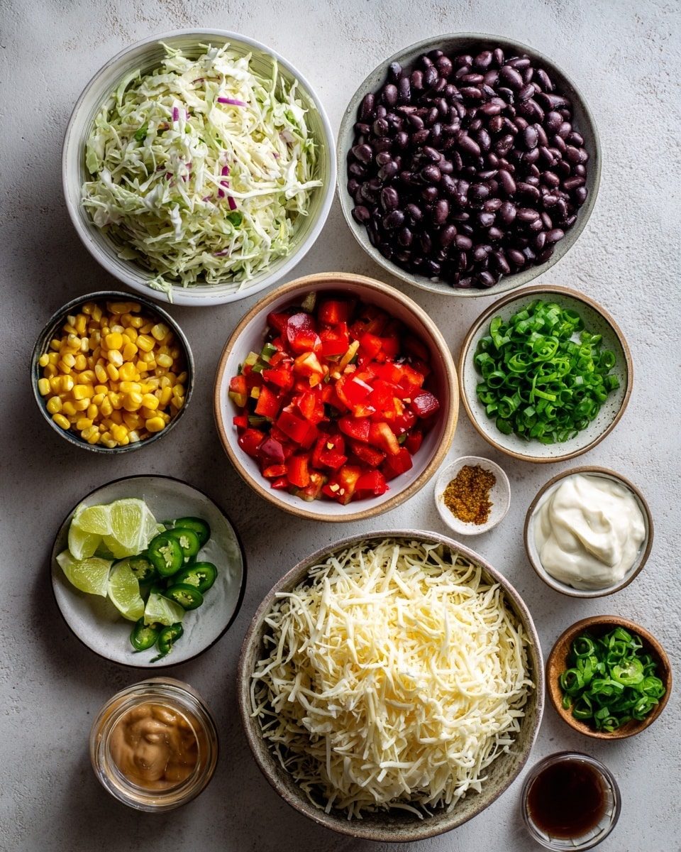 A white bowl filled with a creamy mixed salad that has several layers of ingredients, including shredded orange and purple cabbage, pieces of yellow corn, black beans, and small green herb bits. On top, light brown crispy strips add texture to the creamy mix. The bowl is placed on a dark surface with tortilla chips and two lime halves in the background. The salad’s texture looks creamy with colorful blobs and crunchy toppings photo taken with an iphone --ar 4:5 --v 7