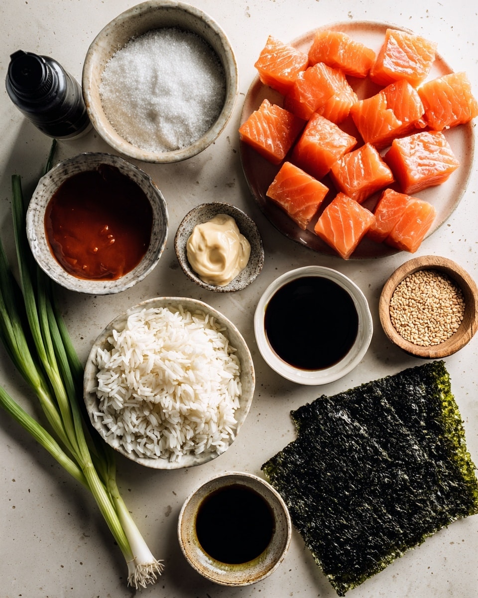A close-up of a small square piece of orange cooked salmon topped with bright orange sauce, green chopped scallions, sesame seeds, and bits of green herbs, all resting on a crispy dark green seaweed square held by dark brown chopsticks. Below, a white plate with more pieces of salmon on seaweed is seen against a white marbled surface. The colors contrast well, with shiny salmon pieces and fresh green garnishes creating a fresh and tasty look. Photo taken with an iphone --ar 4:5 --v 7
