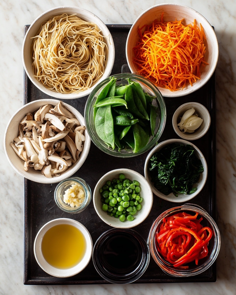 A black tray holds several small white bowls with different colorful ingredients all neatly arranged on a white marbled surface. In the top left corner, a white bowl is filled with light brown spaghetti noodles. Below it, another white bowl contains slices of white mushrooms with light brown spots. To the right of the mushrooms, a small white bowl has bright orange shredded carrots, and below that, a small clear bowl shows fresh green snap peas. A small jar with dark brown sauce sits beside the snap peas. Near the bottom right corner, a clear bowl is filled with red sliced bell peppers. At the bottom left, another white bowl contains fresh green spinach leaves. There are also two smaller white bowls near the bottom right holding chopped green onions and a yellow liquid, possibly oil. A tiny white bowl with minced garlic sits near the center. photo taken with an iphone --ar 4:5 --v 7