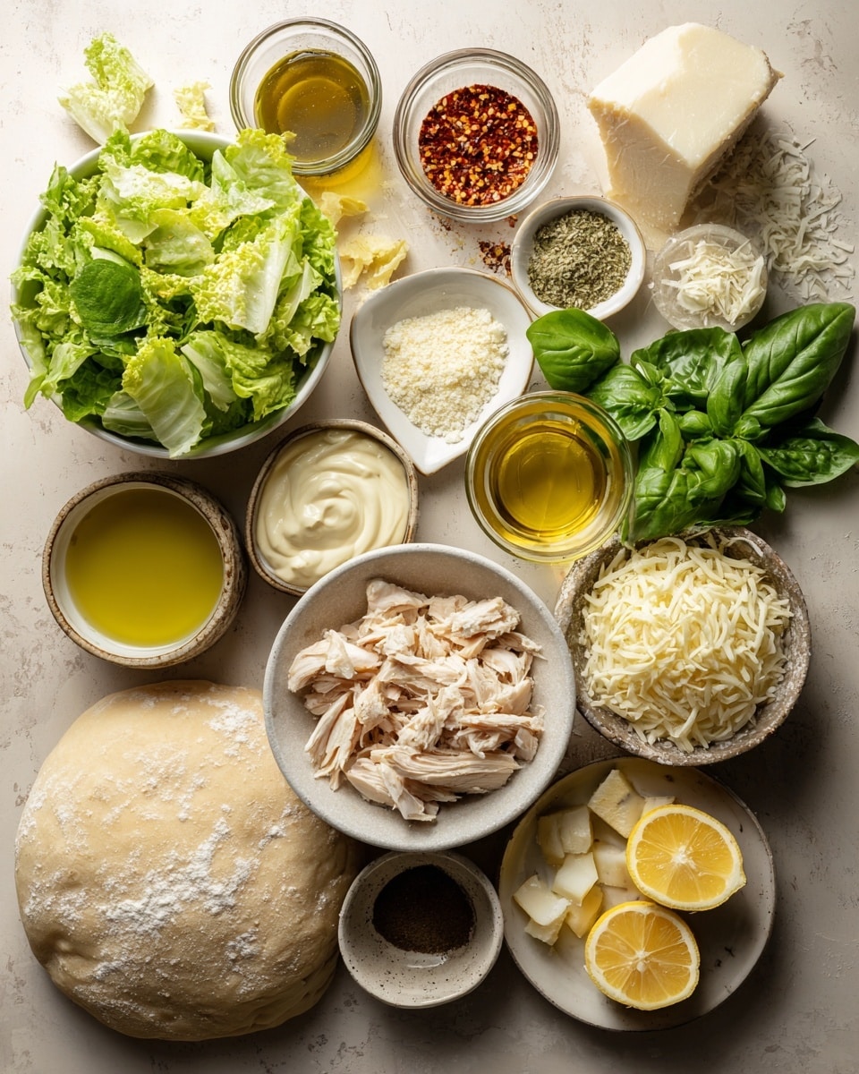 A dish with a circular, thick, golden-brown crust as the base, showing a toasted texture around the edges. On top, layers of fresh green romaine lettuce leaves are arranged, some coated with creamy white dressing. Scattered throughout the lettuce are small, light brown croutons and finely grated white cheese, adding texture and contrast. The plate is placed on a white marbled surface, with some green basil leaves nearby. Photo taken with an iphone --ar 4:5 --v 7