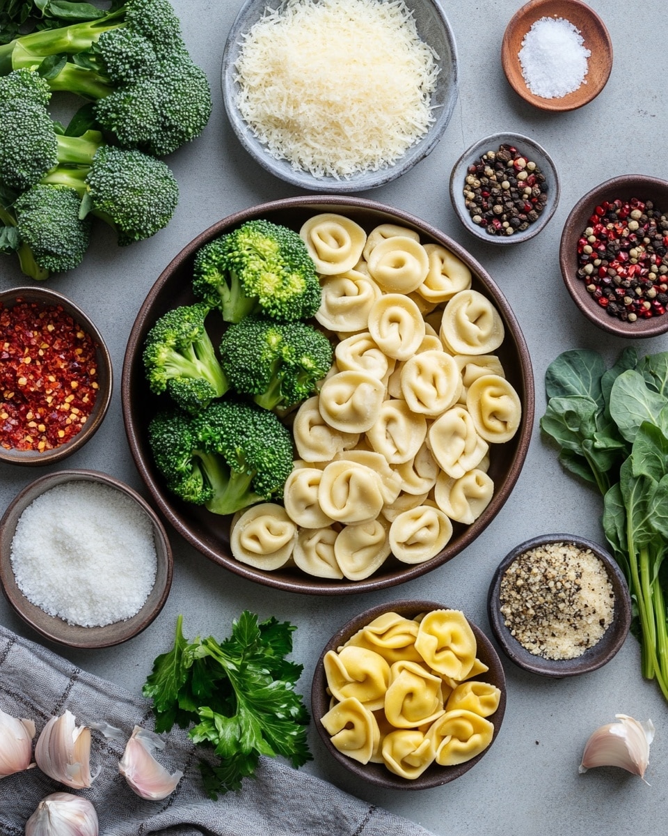 This is a baked dish with three main layers visible on top: tortellini pasta with a light yellow, smooth texture, browned small sausage slices that are golden brown with a slight crust, and green broccoli florets with a slightly roasted look. The tortellini pieces form the base and edges, while the sausage and broccoli are scattered evenly across. The entire dish is topped with melted shredded white cheese and small bits of green herbs, all slightly golden and bubbly from baking, served in a black rectangular baking pan placed on a white marbled surface photo taken with an iphone --ar 4:5 --v 7
