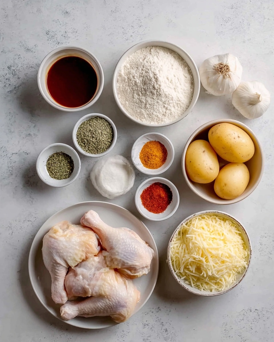 The image shows several cooking ingredients placed on a white marbled surface. There are four raw chicken pieces with skin on a white plate at the bottom left. To the right, a white bowl is filled with shredded yellow cheese. Above the cheese, there are three small yellow potatoes on a white plate. Two raw egg yolks and whites are in another white bowl to the upper right. Two heads of garlic are placed near the eggs and potatoes. On the top left side, there are several small bowls: one with a dark reddish-brown liquid, a second with white flour, a third with green dried herbs, and a fourth with mixed red and white fine powders. The photo taken with an iphone --ar 4:5 --v 7
