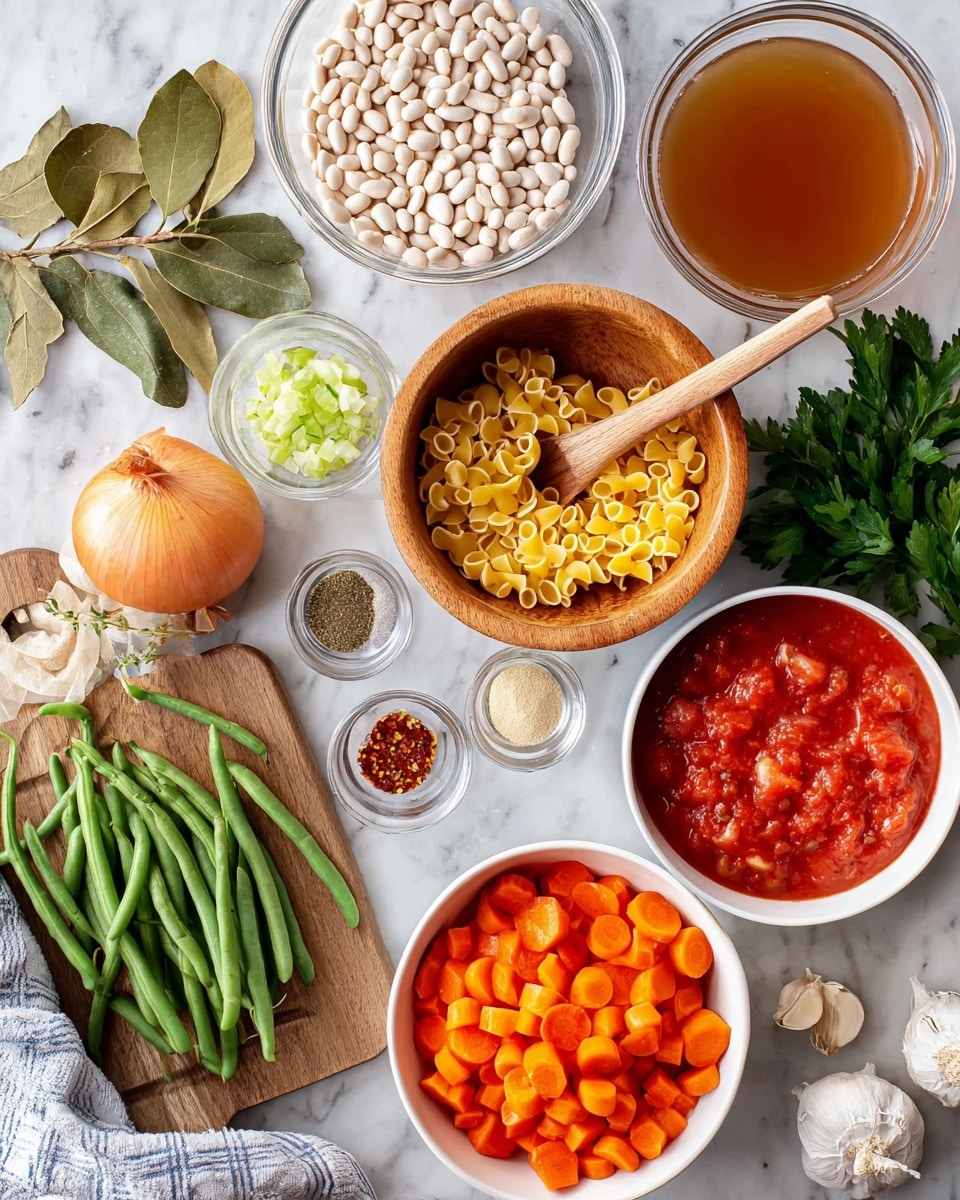 A top-down view of various fresh ingredients arranged on a white marbled surface, featuring a wooden board with green beans, two bay leaves, a yellow onion, and small white bowls with dried herbs and spices; a clear glass bowl filled with white beans near a bowl of chopped celery, a wooden bowl in the center with small, dry pasta and a wooden spoon inside, a bowl of bright orange carrot slices, and a white bowl filled with chunky red tomatoes; a glass measuring cup with light brown broth is placed near the top right, while fresh parsley is visible at the top left; a woman's hand is not visible but implied for scale. photo taken with an iphone --ar 4:5 --v 7