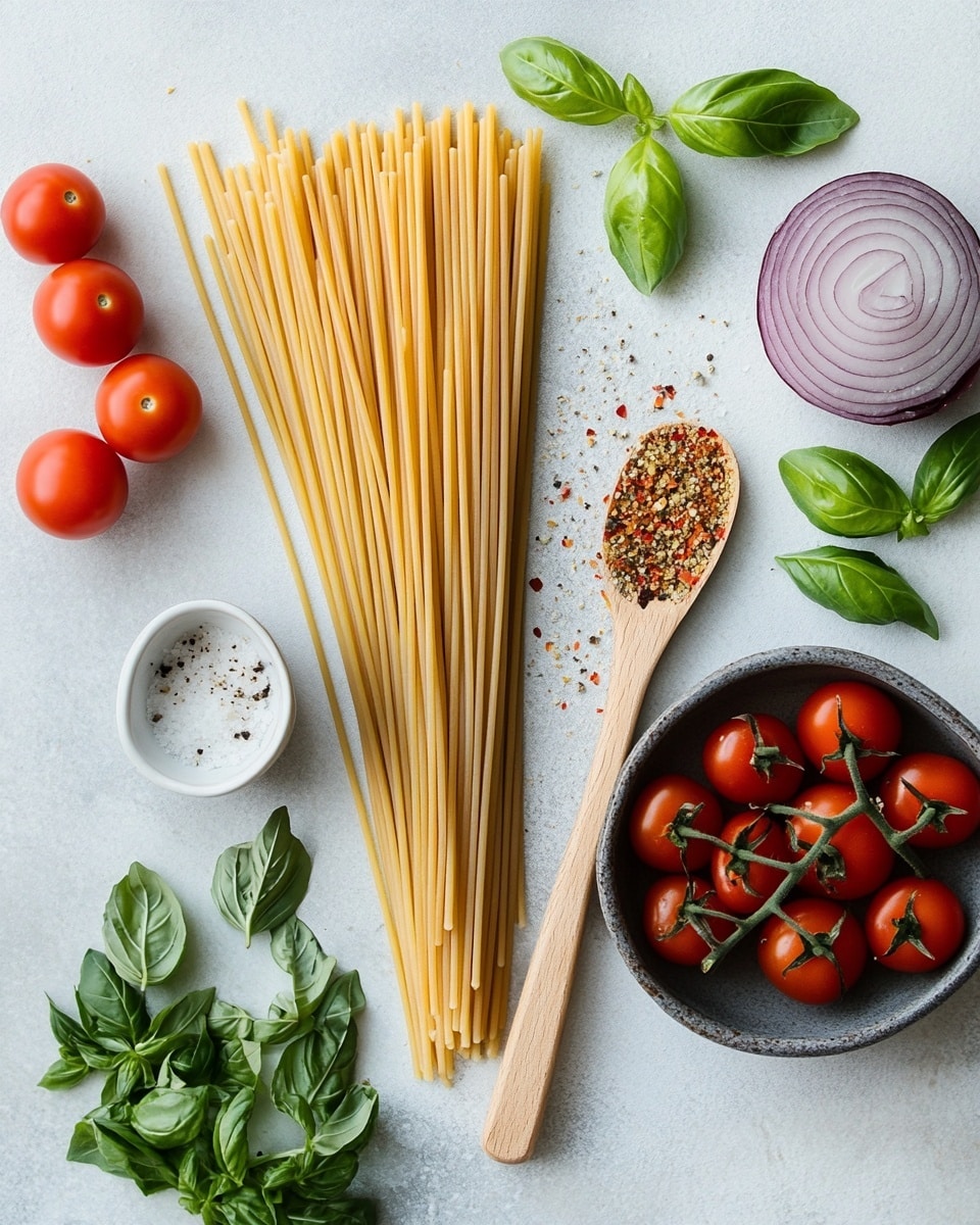A white bowl filled with fettuccine pasta coated in a light red-orange tomato sauce, mixed with wilted green basil leaves and small bright red cherry tomato pieces. The fettuccine noodles are thick and glossy, twisted around each other with bits of herbs and spices sprinkled on top. Behind the bowl, there is a white container filled with whole, shiny red cherry tomatoes. The background is a white marbled surface, bright and clean, with natural light casting soft shadows. photo taken with an iphone --ar 4:5 --v 7
