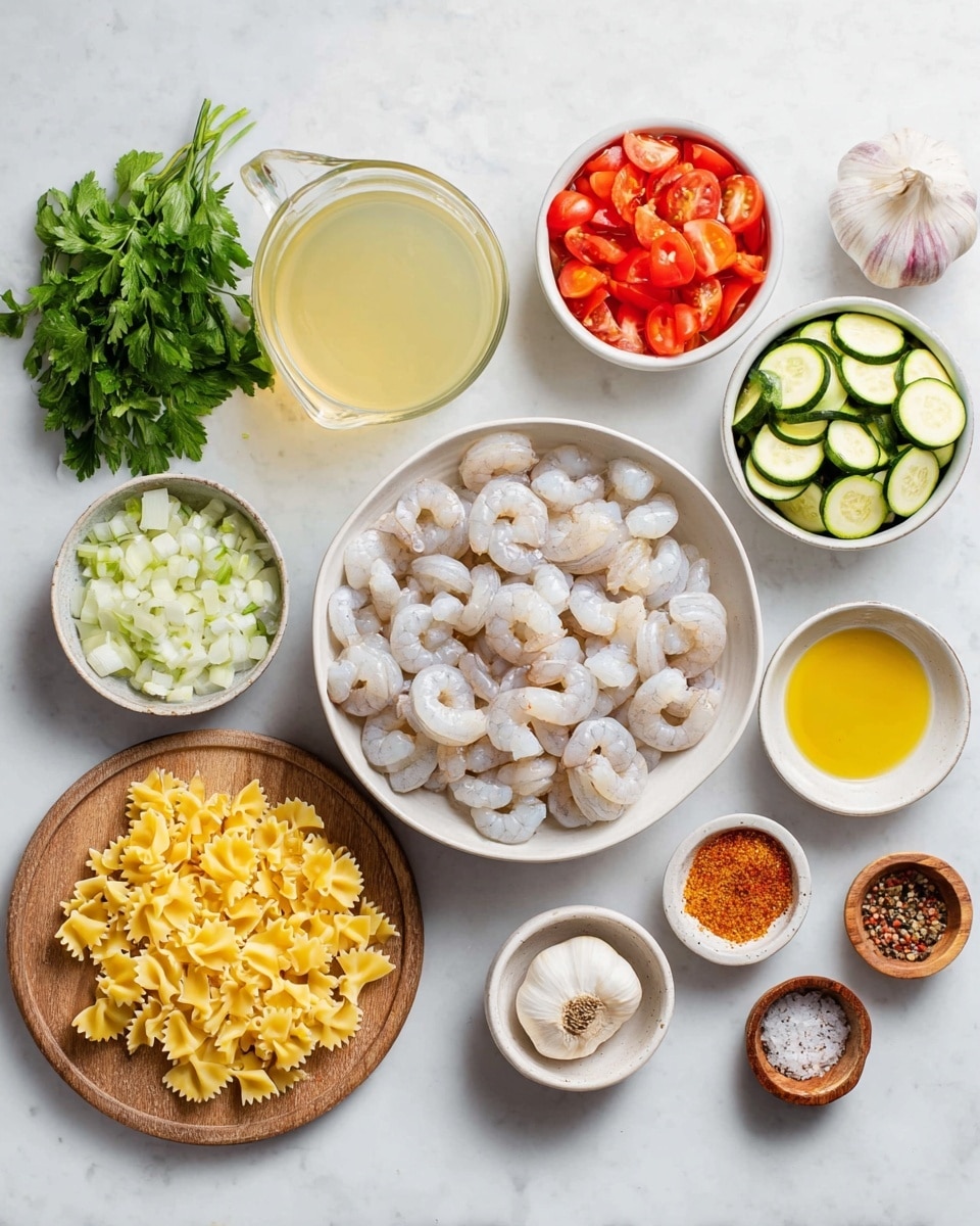 A close-up of a bowl filled with a pasta dish featuring three main layers: the base layer is light yellow farfalle pasta with a slightly glossy texture, mixed evenly throughout with medium-sized pink shrimp; scattered on top are pieces of cooked green zucchini slices and diced red tomatoes, adding color contrast; the dish is sprinkled generously with chopped green parsley and a light drizzle of a thin, orange-tinted sauce, giving it a fresh and vibrant look, all served in a white bowl placed on a white marbled surface, with a silver fork resting inside the bowl photo taken with an iphone --ar 4:5 --v 7