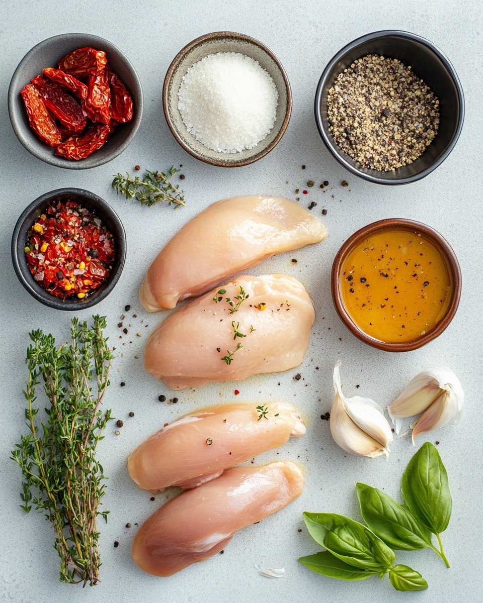 The image shows a stainless steel pan with four pieces of cooked chicken layered at the bottom, each piece golden brown with a slightly crispy texture and some herbs sprinkled on top. Over and around the chicken lies a rich, creamy light beige sauce with visible small chunks of orange-red sun-dried tomatoes and green herbs scattered throughout. On the right side of the pan, a shiny metal spoon rests in the sauce, coated with the same creamy mixture that covers the chicken. The surface beneath the pan has a white marbled texture. photo taken with an iphone --ar 4:5 --v 7