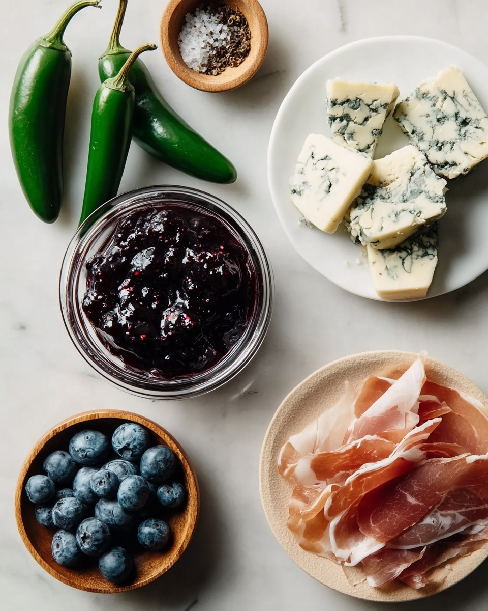 A white marble surface holds a small clear glass bowl filled with dark purple jam with visible berry pieces in the center. To the left, there are three whole green jalapeño peppers with smooth skin, and below them, a small wooden bowl filled with fresh blueberries. Above the jam, a small wooden bowl contains coarse salt mixed with black pepper. To the right side, a white marble board has scattered chunks of light yellow cheese with blue mold veins, next to thin, folded slices of pink prosciutto with white fat streaks. photo taken with an iphone --ar 4:5 --v 7
