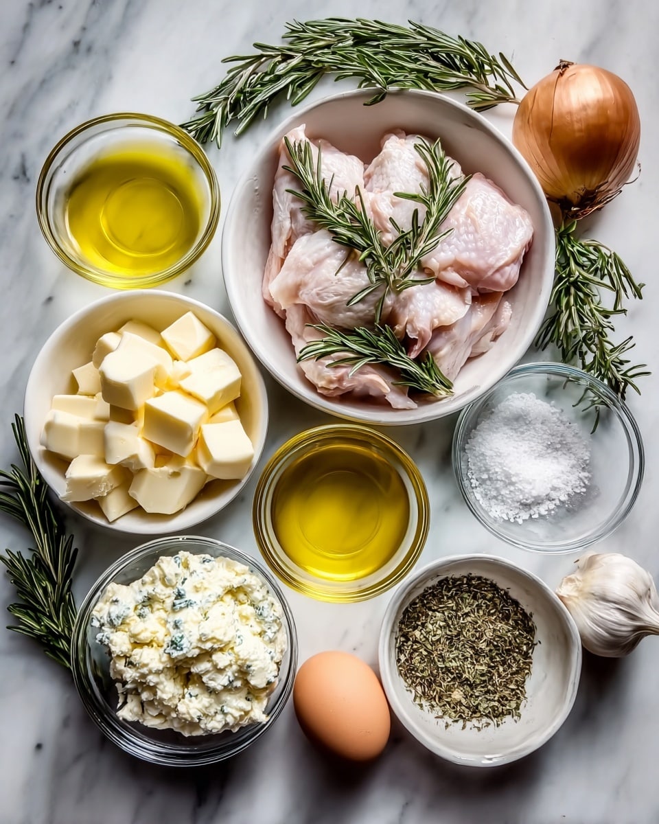 The image shows various cooking ingredients placed on a white marbled surface. There are nine groups of items: in the bottom left, a white bowl filled with light yellow cubed butter; next to it, a white bowl with white and yellowish soft cheese; above this, a clear glass bowl full of white salt; next to the salt, two small clear glass bowls, one with light yellow oil and the other with a slightly darker yellow oil. In the middle bottom, a white bowl holds raw pale pink poultry with three dark green rosemary sprigs on top. Near this, a smaller clear bowl filled with green dried herbs; on the right, a round clear bowl contains white creamy cheese mixed with green herbs. To the far right, three whole ingredients: a beige onion, a bulb of white garlic, and one brown egg. At the top right corner, two sprigs of fresh green rosemary lie diagonally. Photo taken with an iphone --ar 4:5 --v 7