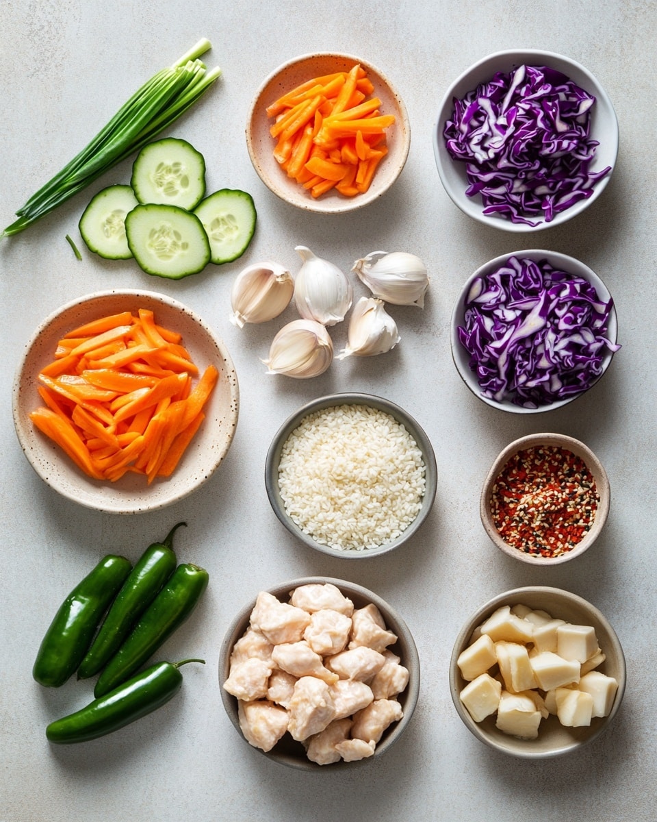 A white bowl filled with three main layers: the bottom layer is white rice, the middle layer has cooked chicken pieces covered in a creamy light brown sauce, topped with chopped green onions and black sesame seeds; on one side there are thin cucumber slices in a curved line, and on the other side is a colorful mix of purple cabbage and orange carrot slices also coated in the sauce. The bowl is set on a white marbled surface. Photo taken with an iphone --ar 4:5 --v 7