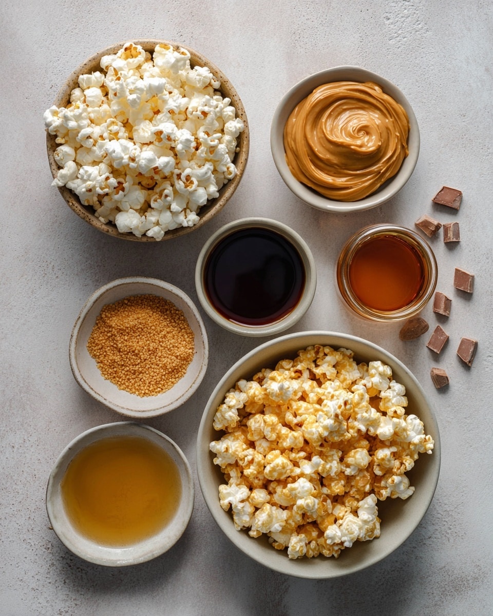 A large tray filled with a single thick layer of popcorn coated with caramel, giving it a light golden brown color with a shiny texture. Scattered on top are small, round candy pieces in bright orange, yellow, and dark brown, adding pops of color throughout the popcorn. The tray is dark gray and sits on a white marbled surface, with a light blue brick wall in the background. Photo taken with an iphone --ar 4:5 --v 7